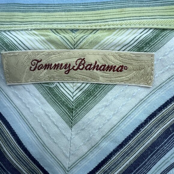 Tommy Bahama Men’s Large Green Blue Striped‎ Button Up Long Sleeve 100% Tencil - Picture 7 of 10